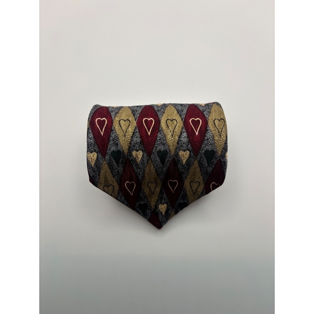 Weekender Robert Stock Mens Silk Tie Argyle Heart Burgundy Gold Grey RN 20170